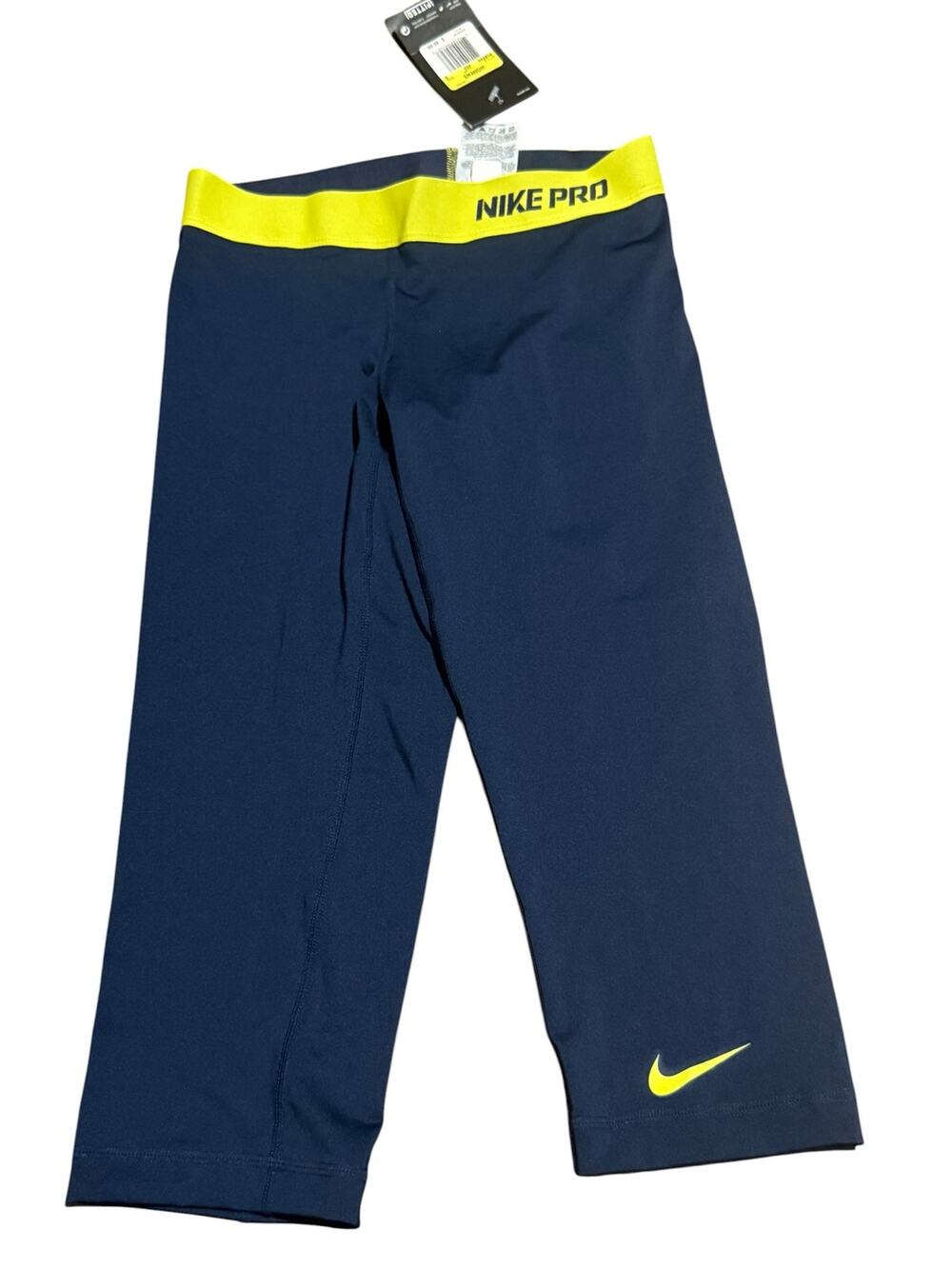 Nike Pro Fitted Competition Base Layer Capri Leggings, Navy Yellow, Small, NWT